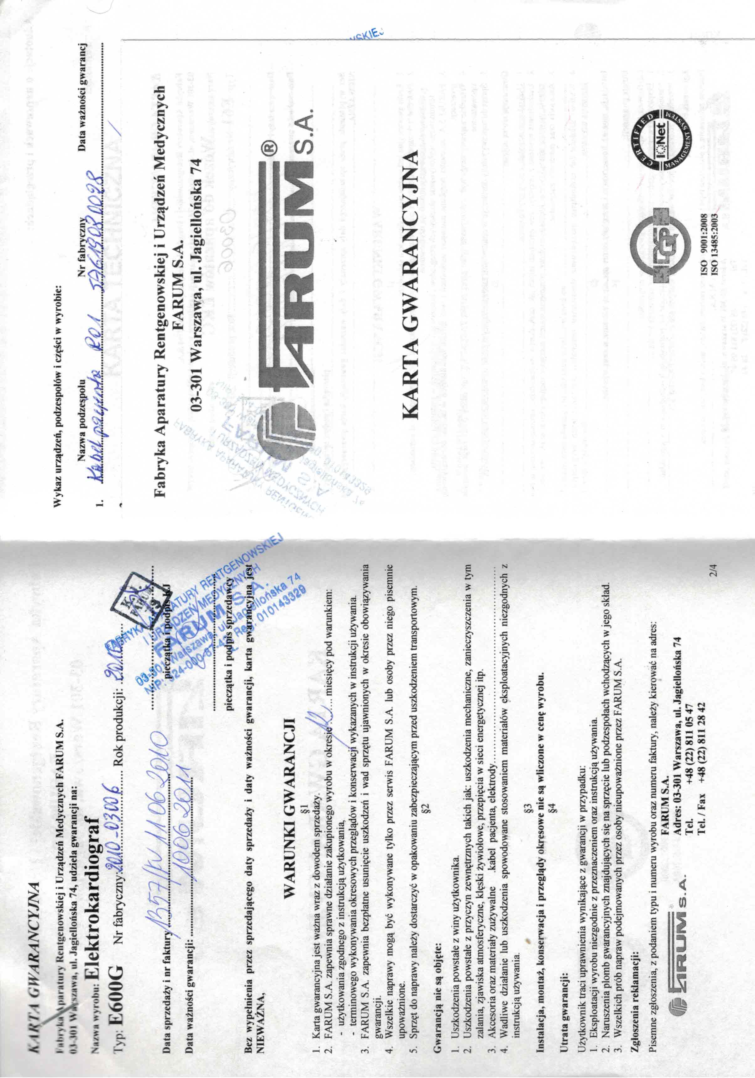 aparat EKG FARUM E600Gi + wózek i meble medyczne na sztuki lub całość